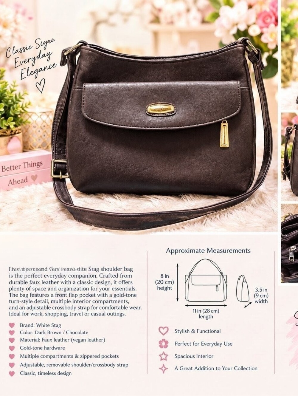 Simply Basic Dark Grey Faux Leather Shoulder Bag with Gold Accents